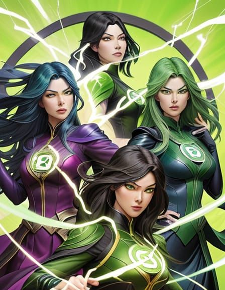 Dynamic Green Lanterns in Comic Book Art Nouveau Style