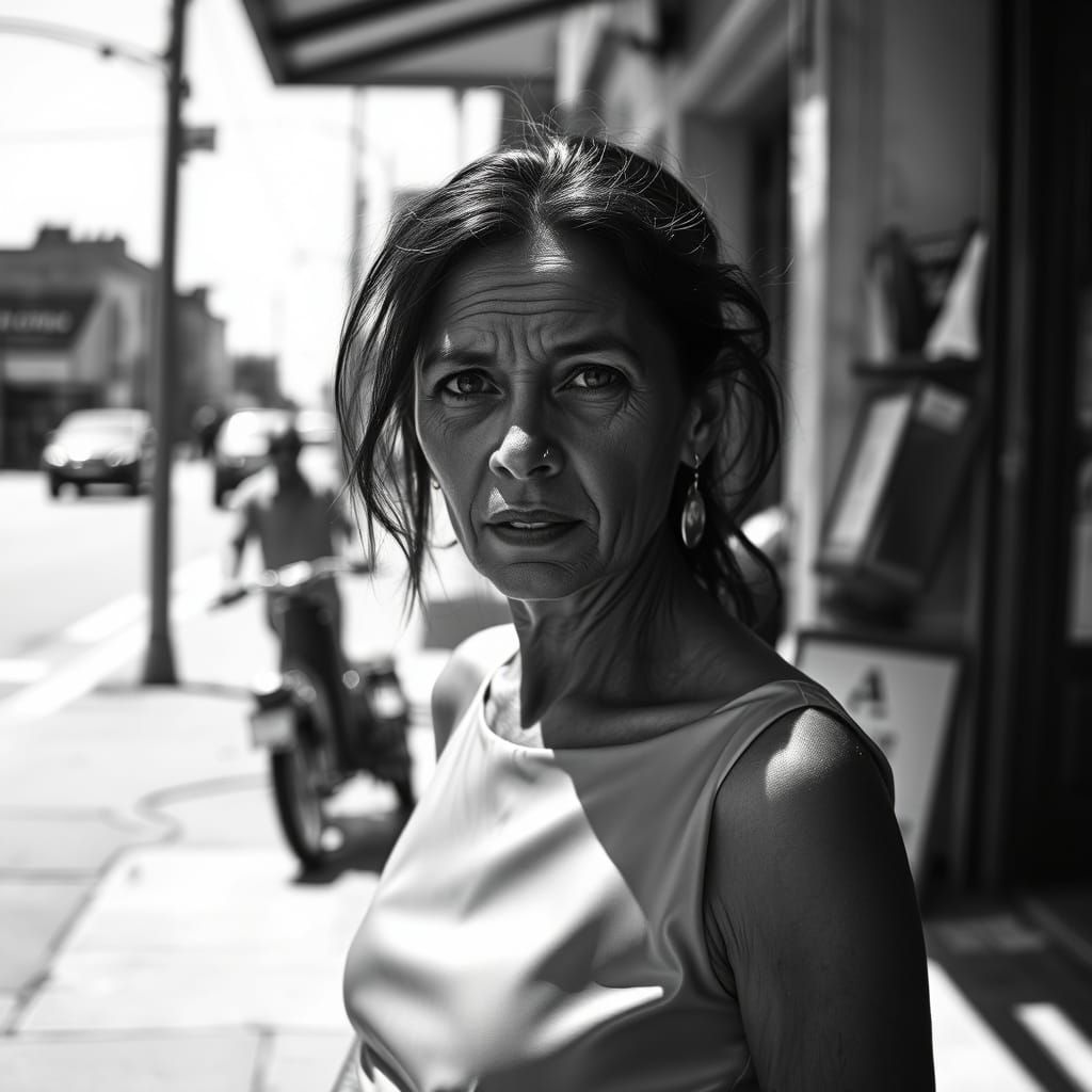 Realistic Black and White Portrait of a Woman in Downtown Se...