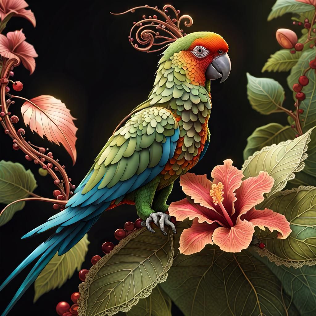 Parrot Witch in Fractal Botanical Setting