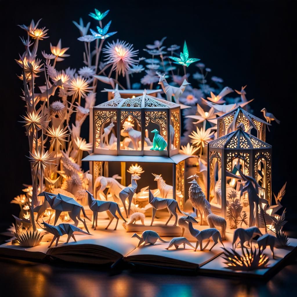 Luminous Origami Animals and Flowers Diorama
