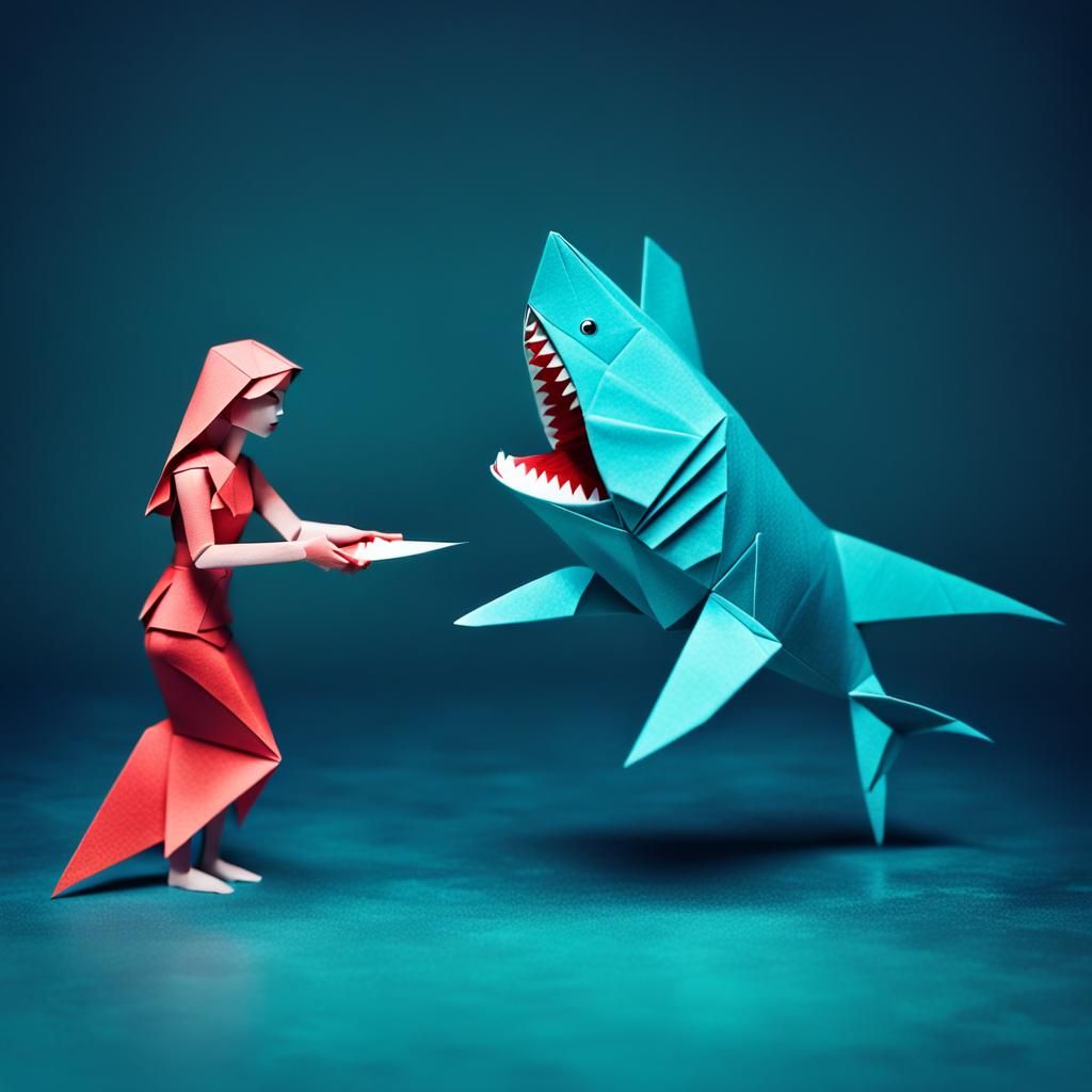 Origami Mermaid's Shark Attack in Papercraft Style