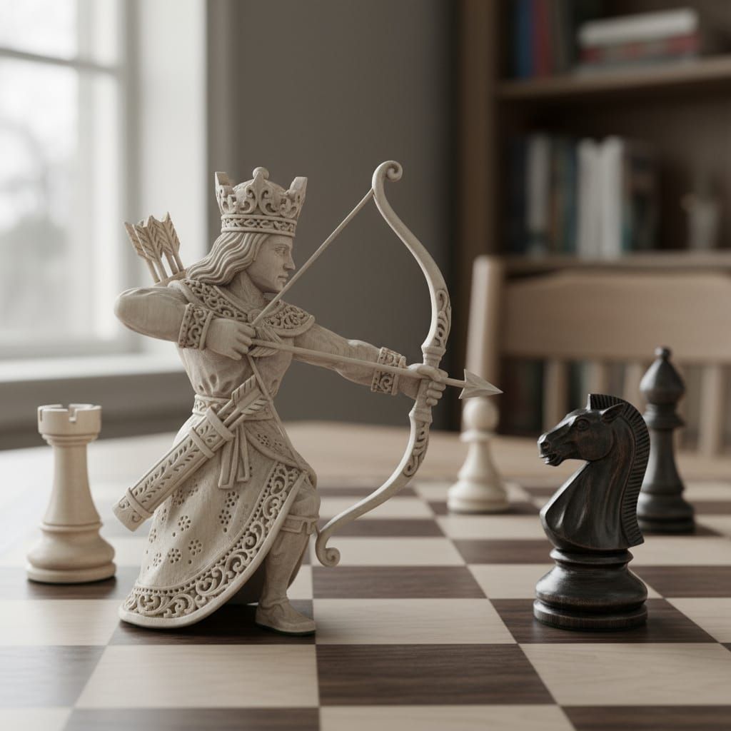 Archer King Chess Piece Aiming Bow on Chessboard