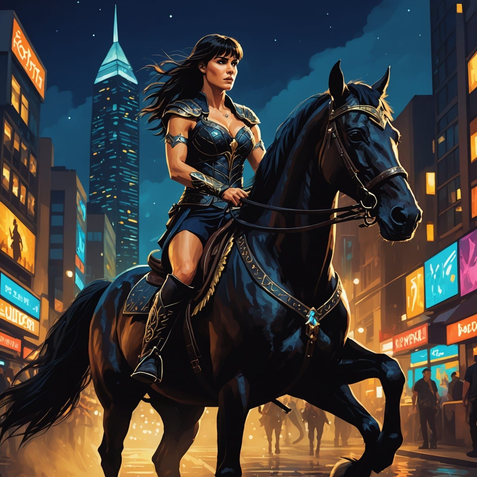 Xena the warrior princess riding a horse in a modern city illuminated at night.