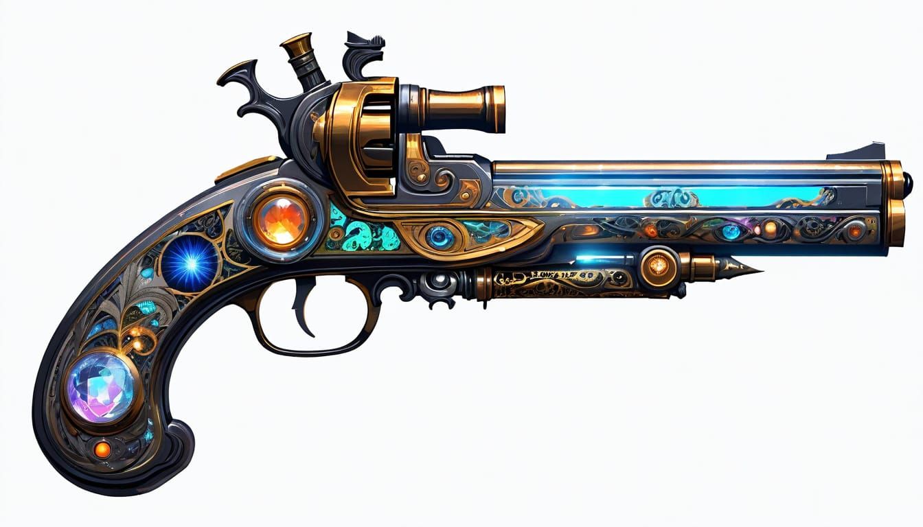 Fantasy Flintlock Pistol with Crystal Ignition in a Dark, My...