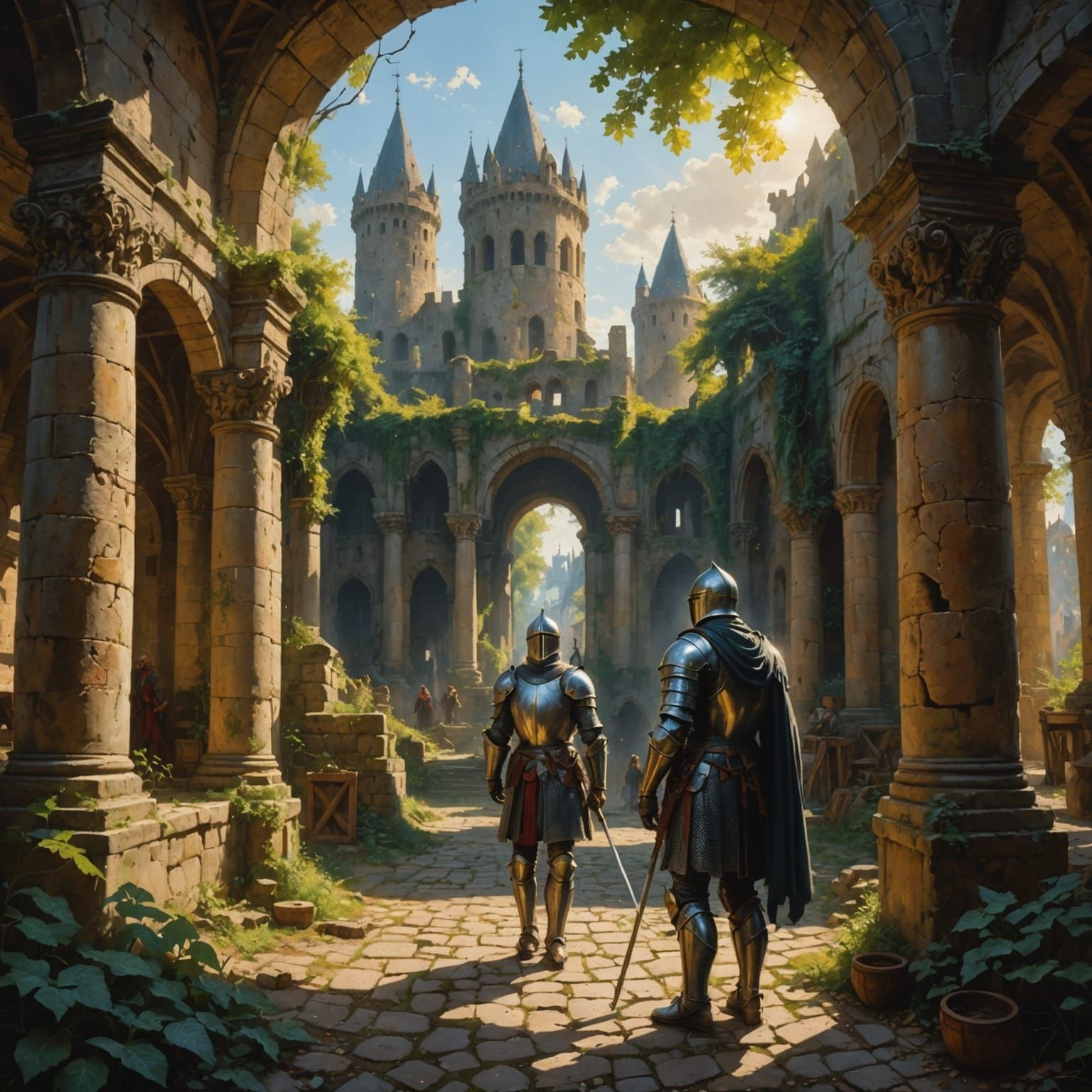 Knight Contemplates Ancient Temple Painting in Market