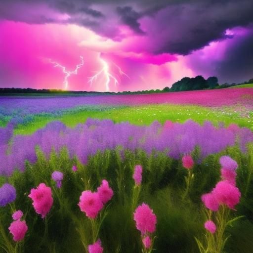 Luminous Lightning Storm over Flower Field