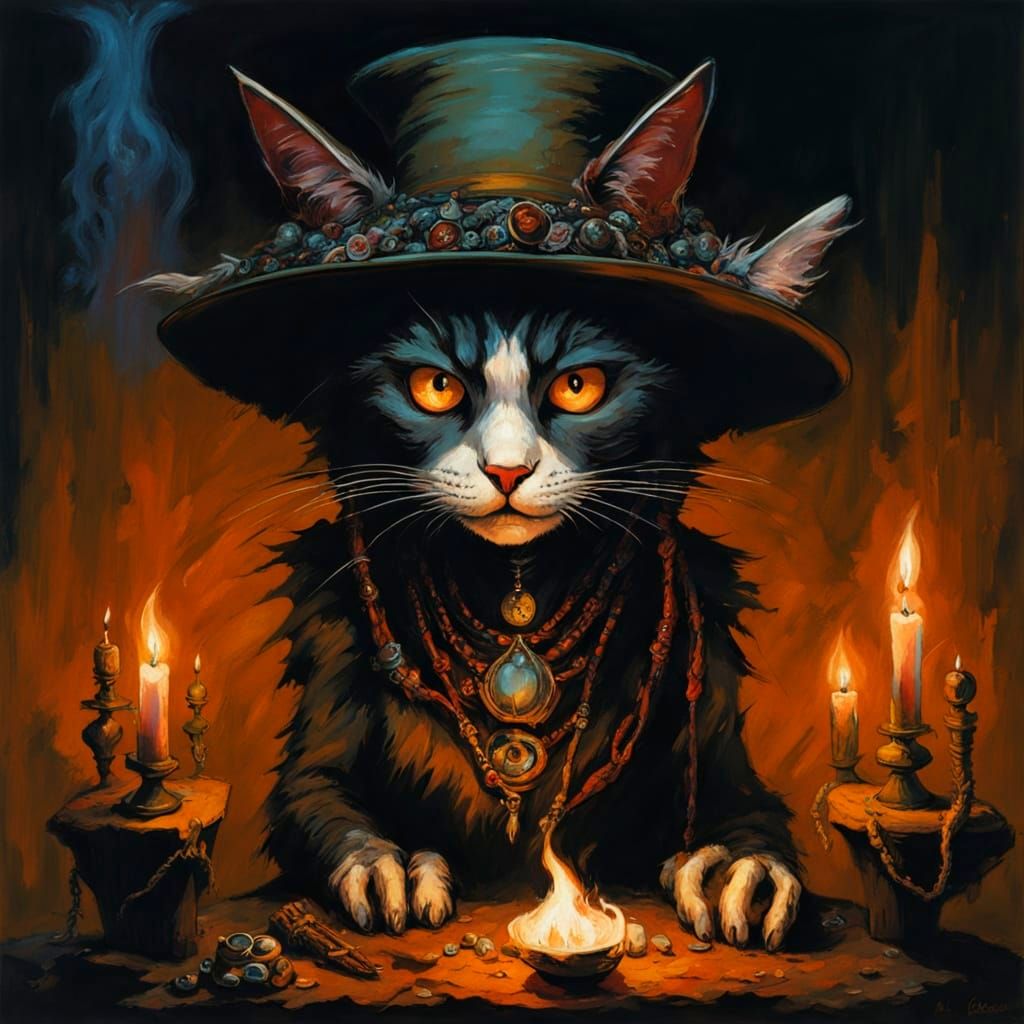 Enigmatic Cat Voodoo Priestess in Mystical Darkness