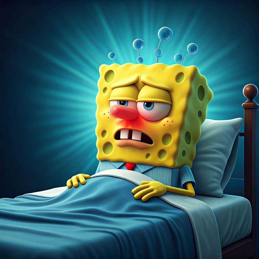 SpongeBob SquarePants Sick in Bed: Pixar-Style 3D Render