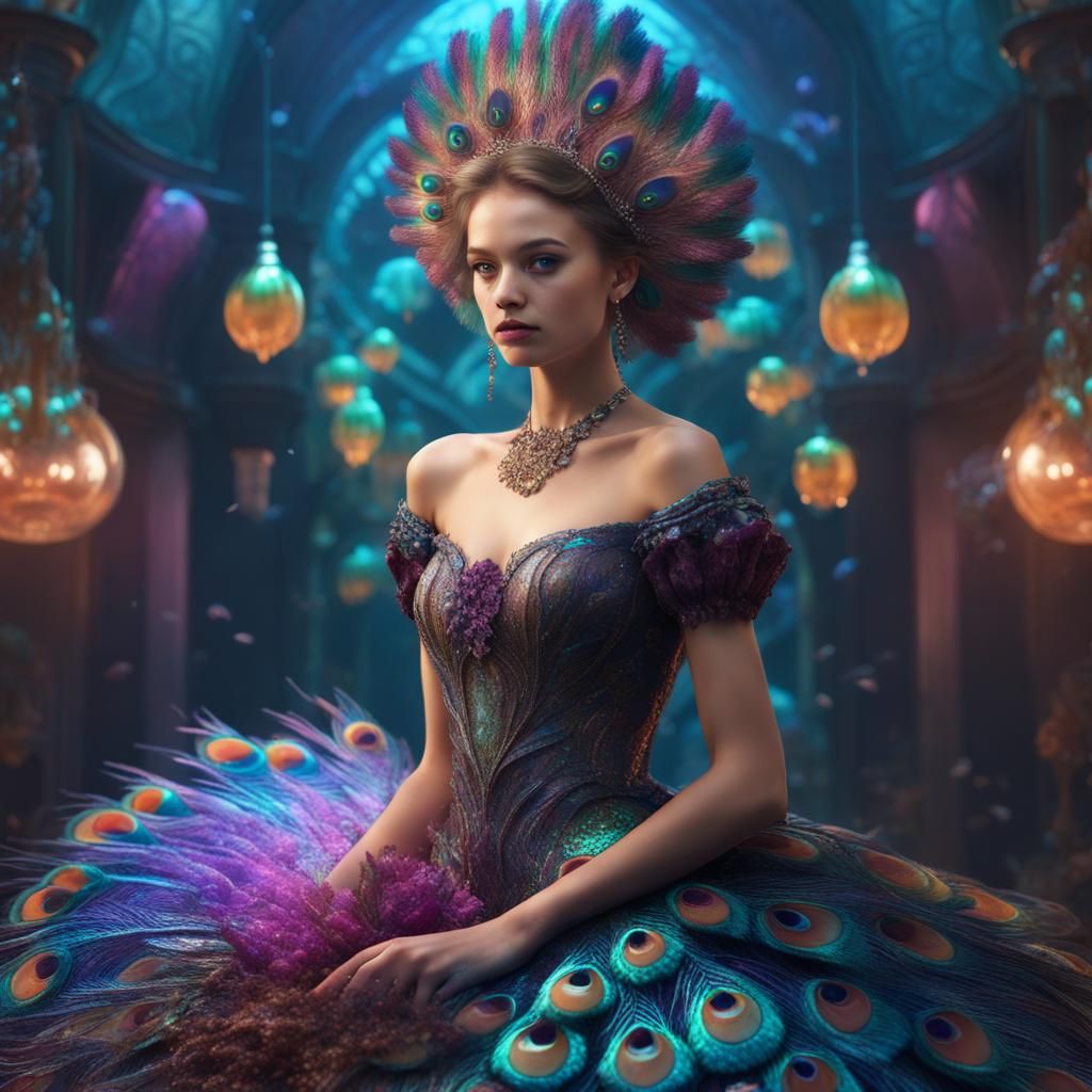 Girl in Jelly Peacock Dress: Detailed Matte Painting