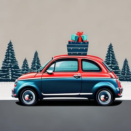 Fiat 500 with Christmas Tree: Hand-Drawn Illustration
