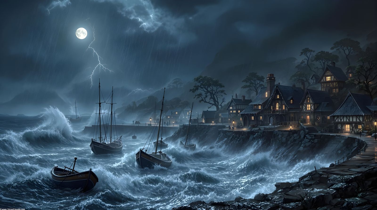 Turbulent Coastal Village Under Darkened Skies