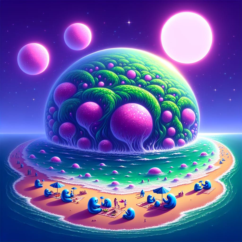 Purple Planet With Blue Beings in Airbrush Style