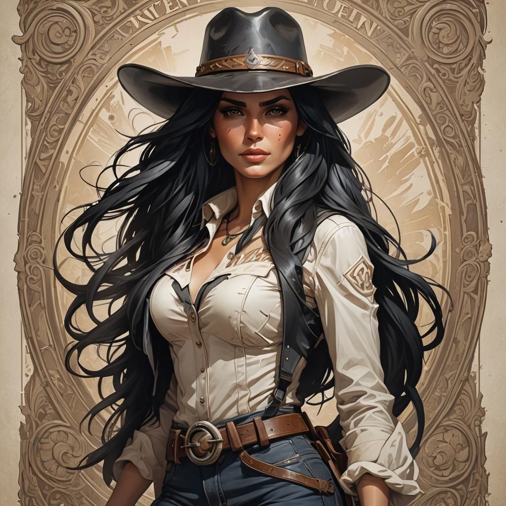 Wanted Poster: Woman in Cowboy Hat, Detailed Portrait