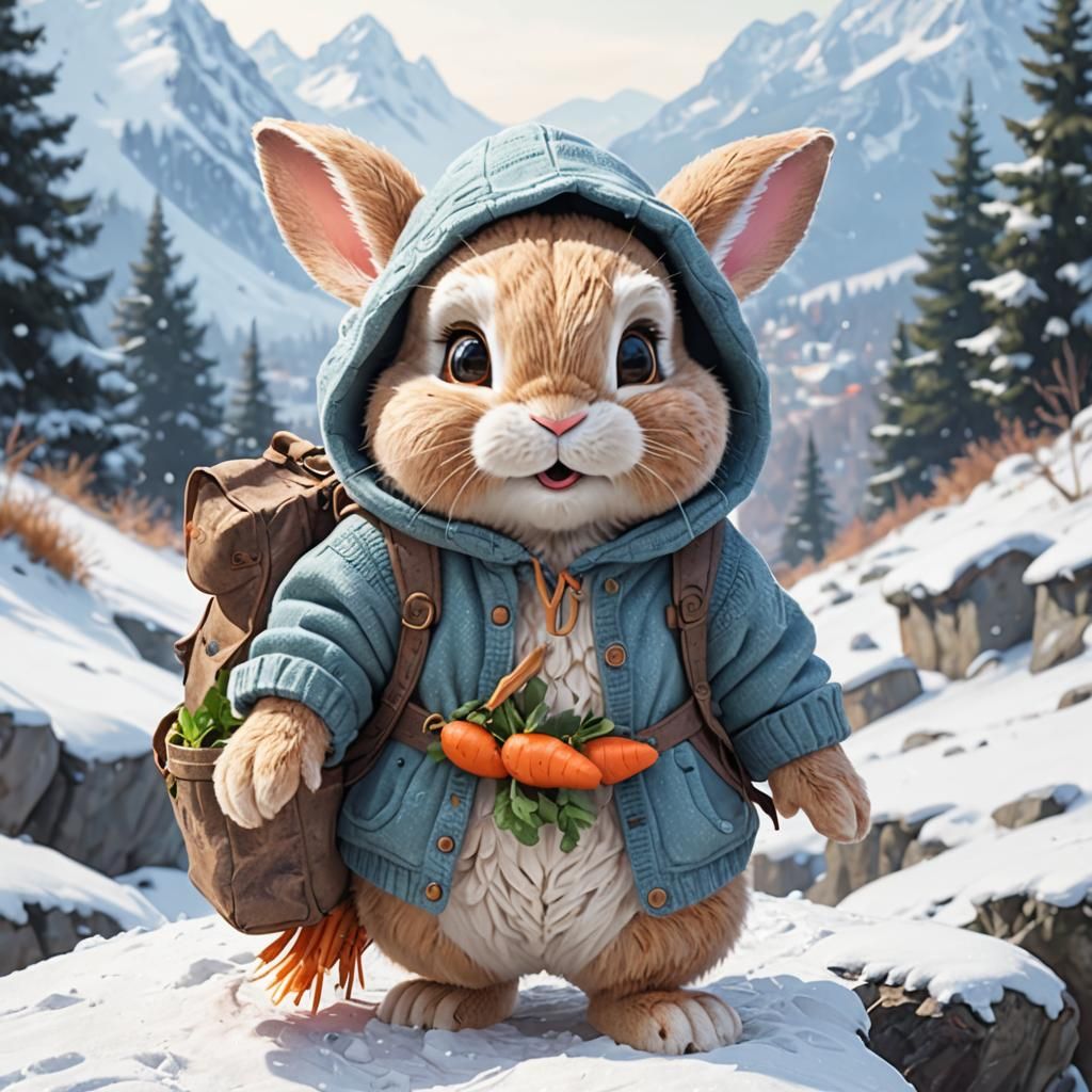 Anthropomorphic Rabbit with Carrots in Snowy Landscape
