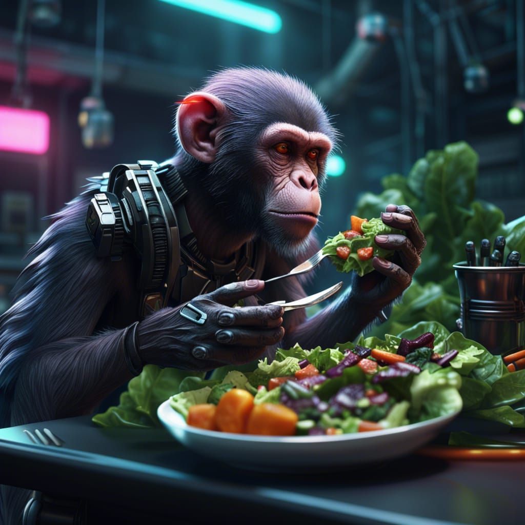 Cyberpunk Monkey Eating Salad in Detailed Matte Painting