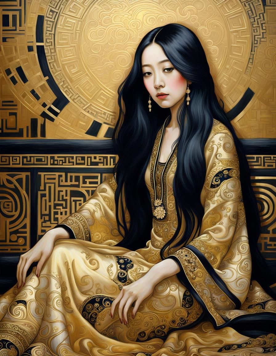 Asian Woman in Klimt-Inspired Golden Oil Painting