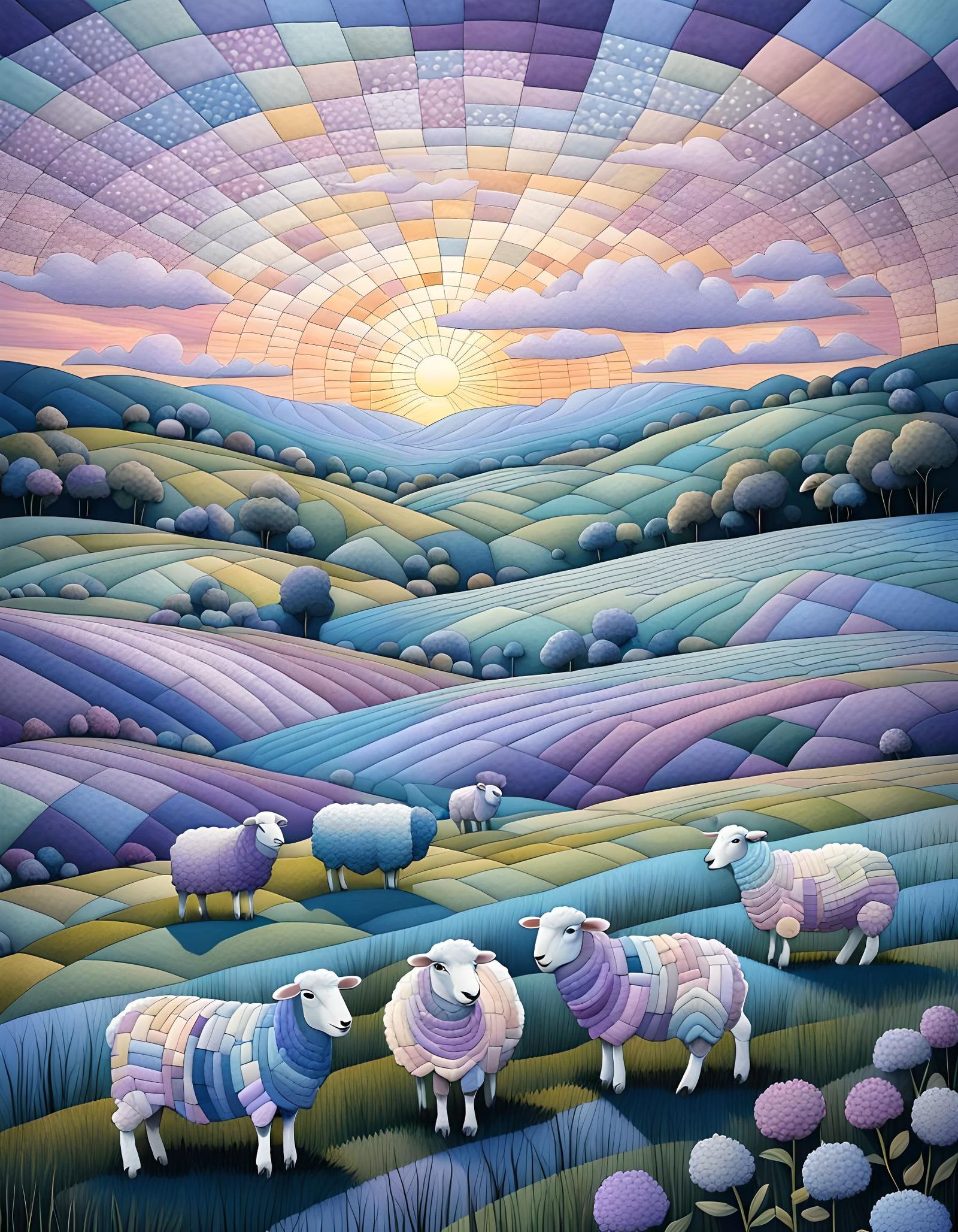 Quilted Sheep on Patchwork Field at Sunset