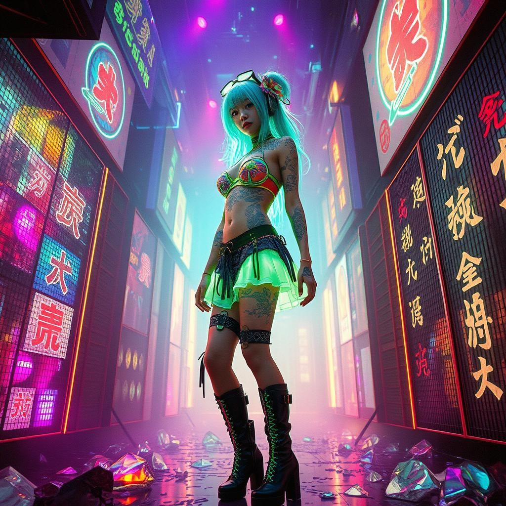 Neon Rave Girl with Tribal Tattoos in Cyberpunk Style