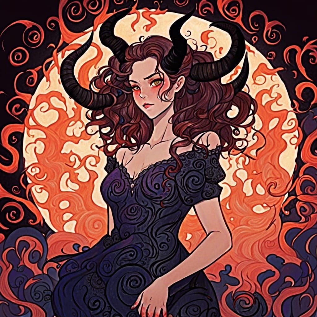 Detailed Demoness with Swirling Vortex, Anime Style