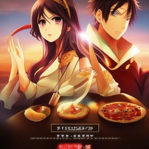 Anime couple eating Pizza