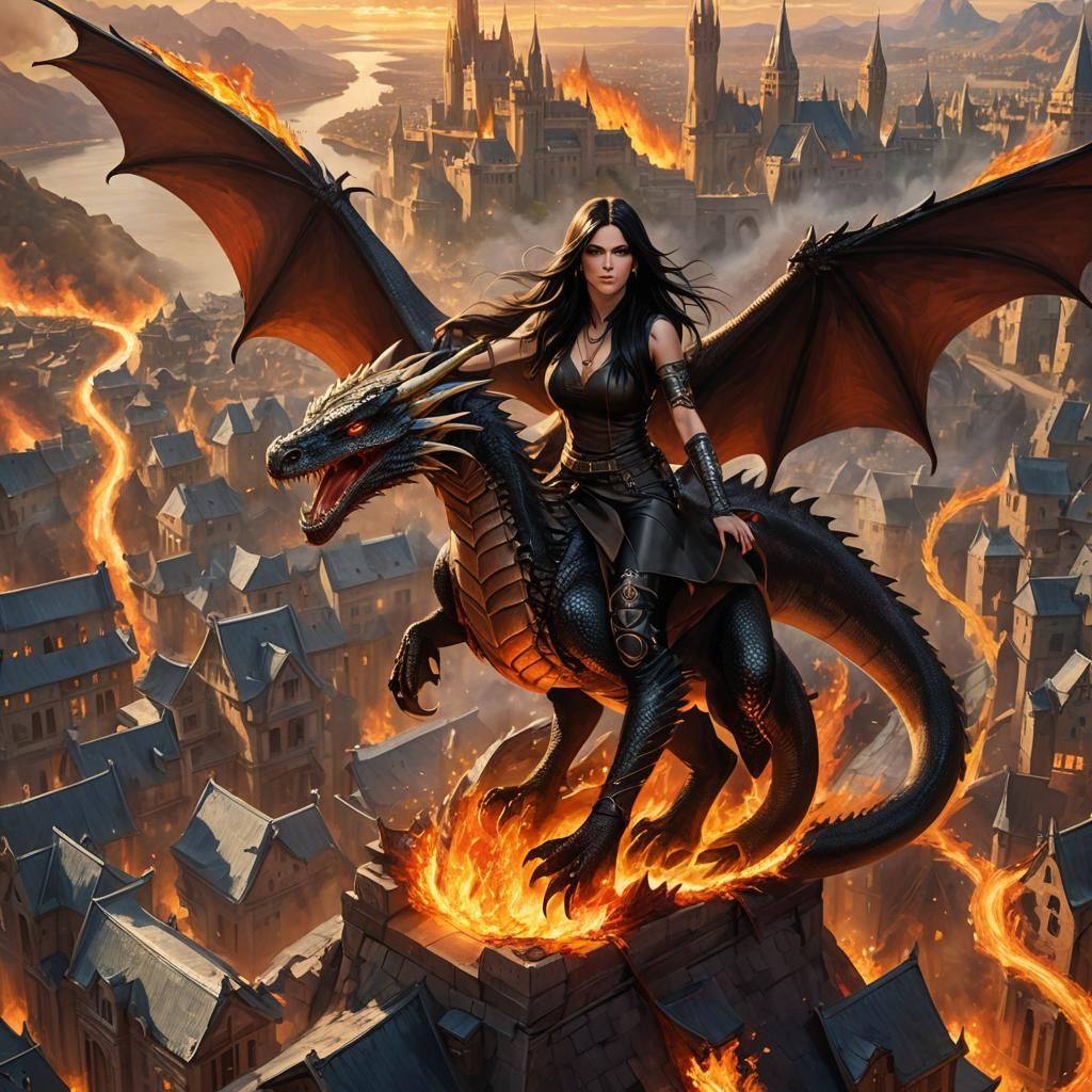 Dragon Rider Over Burning City: Epic Fantasy Art
