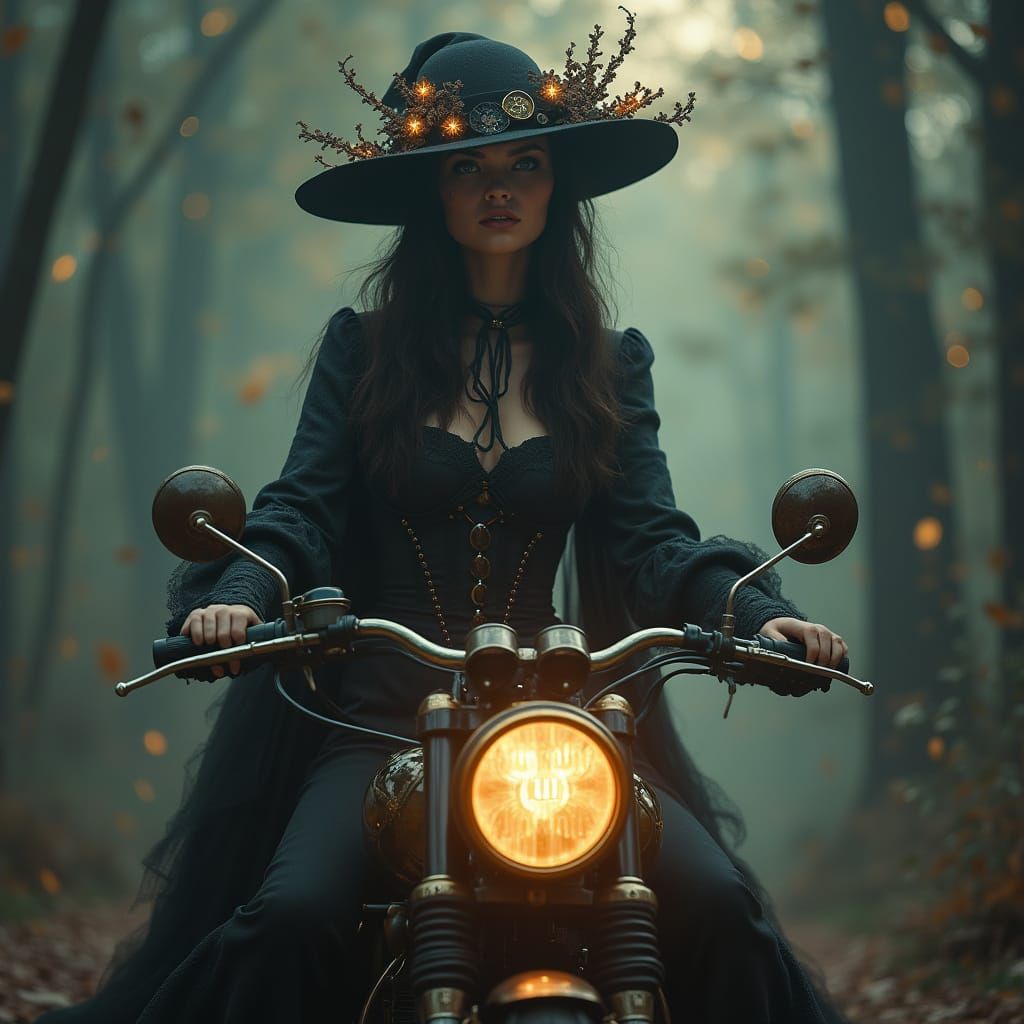 Victorian Witch Rides Motorcycle: Art Nouveau Digital Painti...