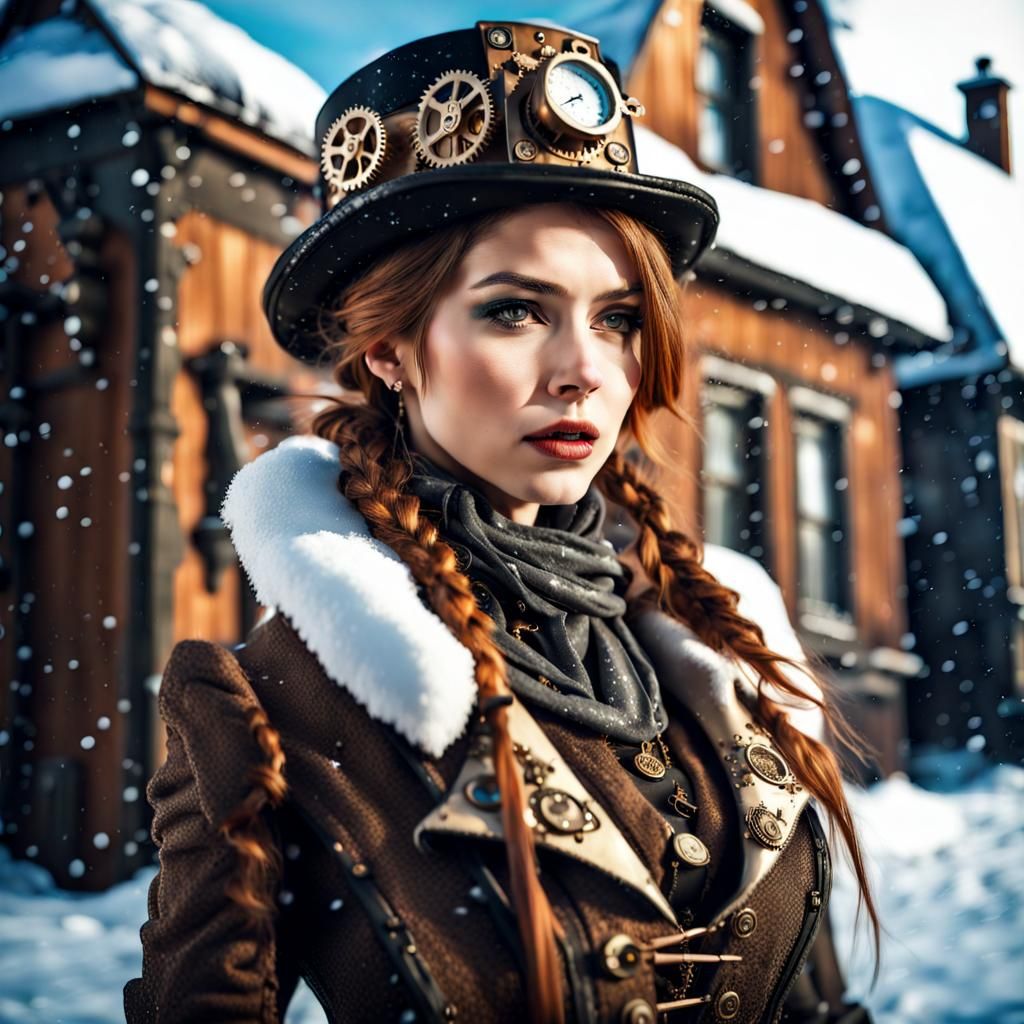 Steampunk Girl in Snowy Winter Village