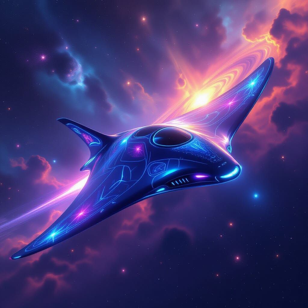 Bioluminescent Manta Ray Spacecraft Gliding Through Nebula