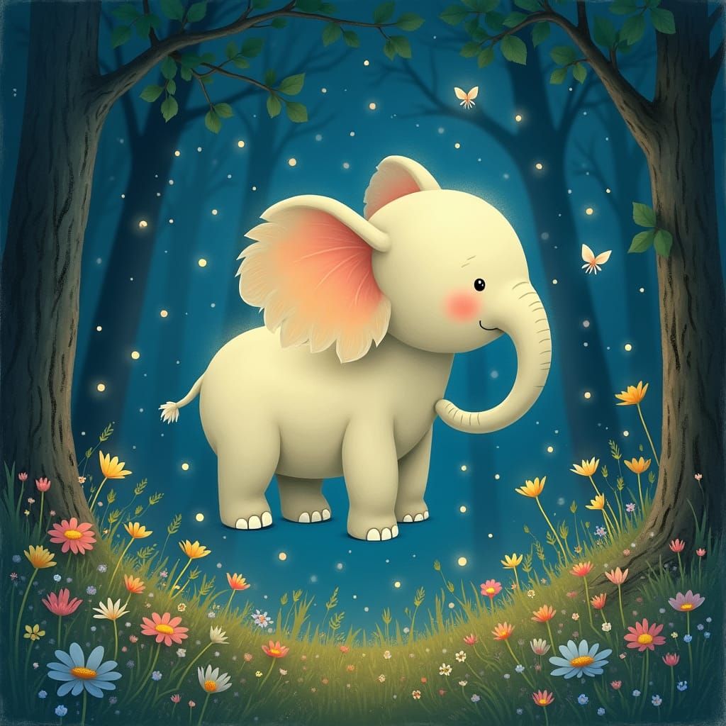 Dreamy Elephant Spirit in Moonlit Forest