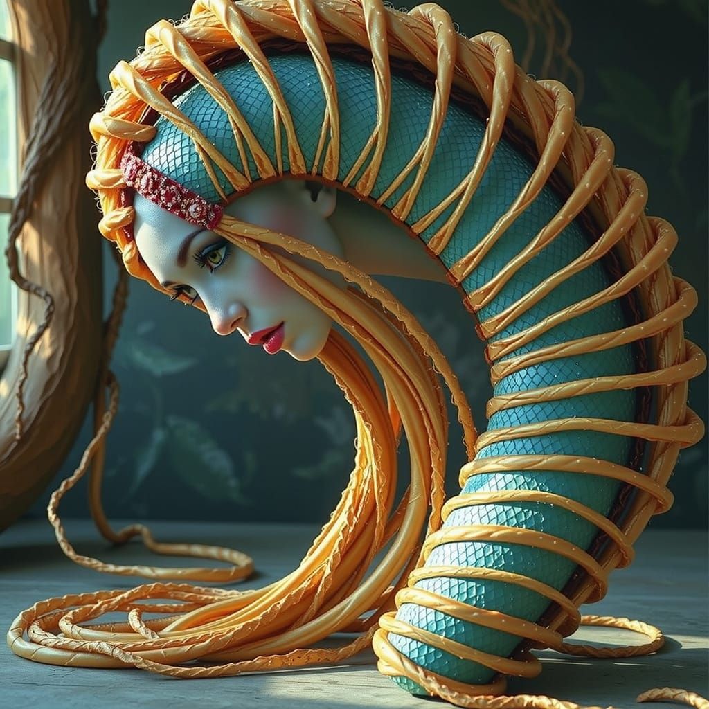 Elegant Beauty With Blue Green Skin and Flowing Ribbons