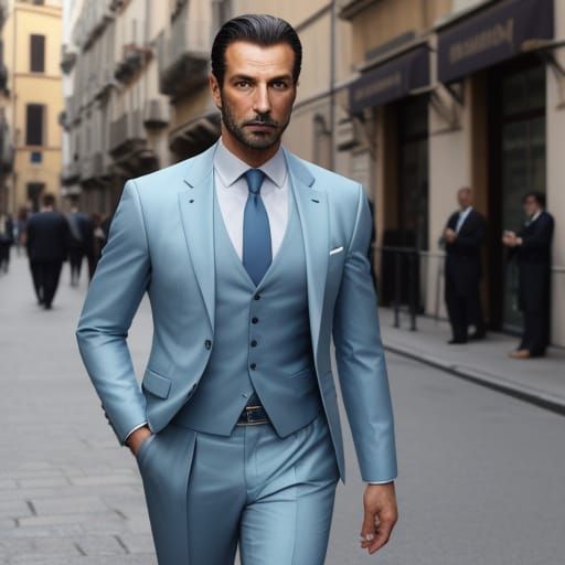Leo Santelli, a sharp dressed thirtyish Italian businessman in a pleated light blue jacket and pants.