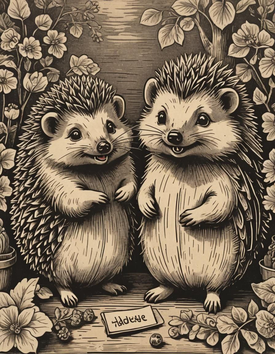 Happy Hedgehog Couple at Antique Rummage Sale