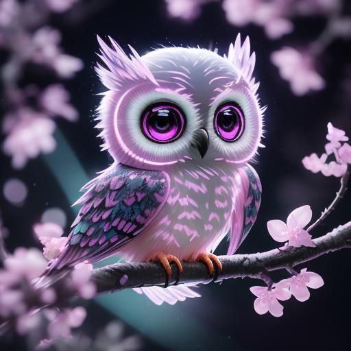 Glowing Chibi Owl with Sakura Flowers, Surreal X-Ray