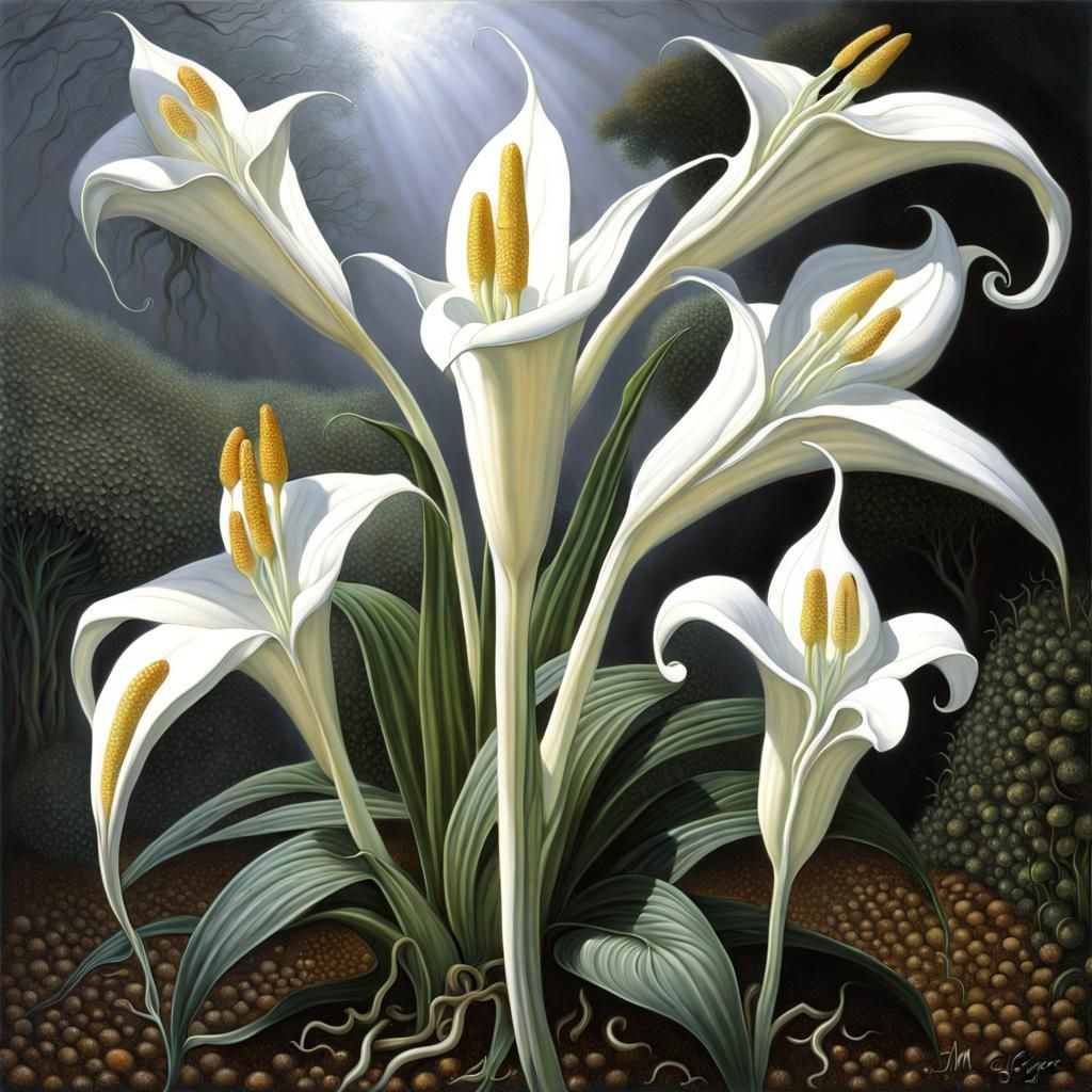 Surreal Lilies in Fractal Garden: Oil on Canvas