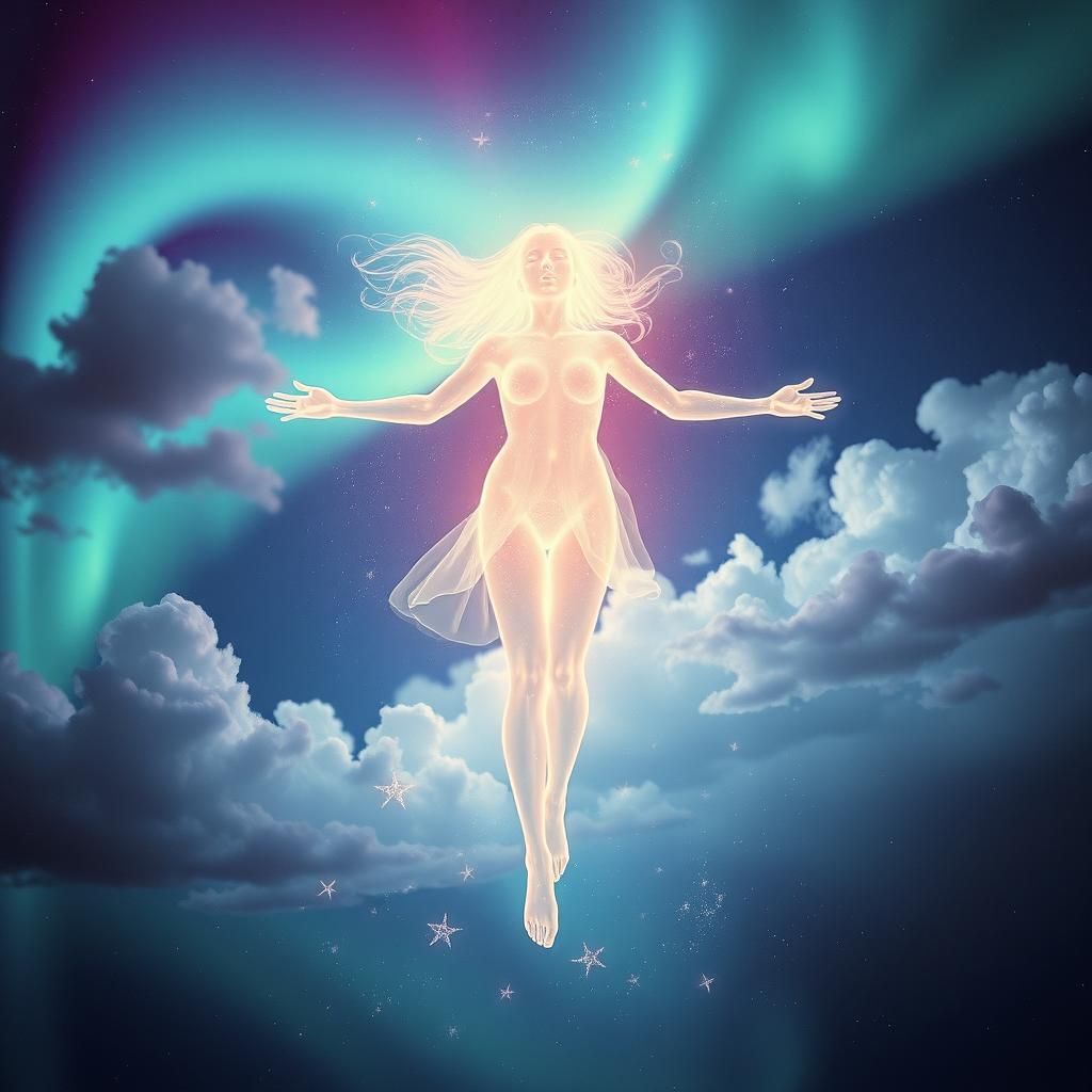 Ethereal Woman Transcending in Aurora Dreamscape