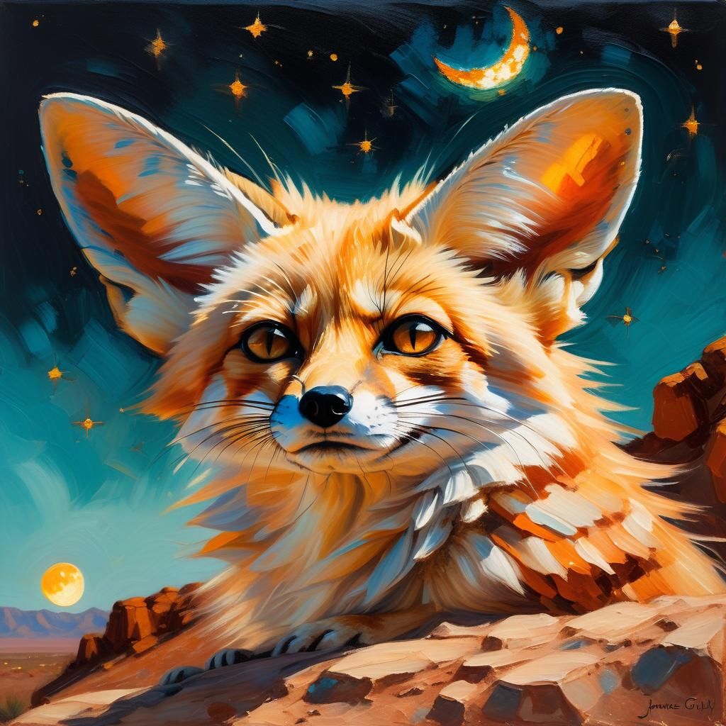 Fennec Fox Gazing at Stars, Impressionist Oil Painting