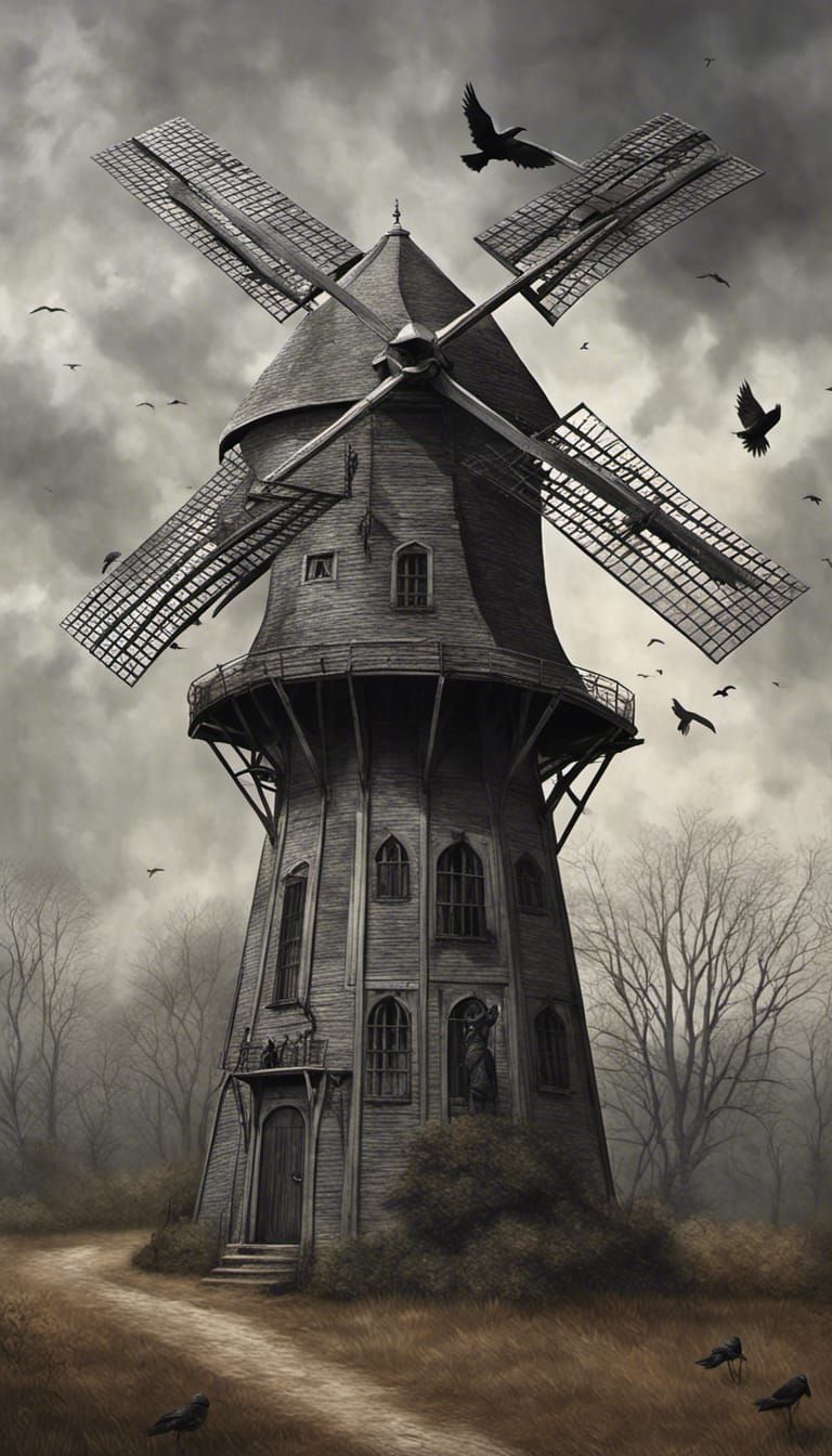 gothic windmill with crows