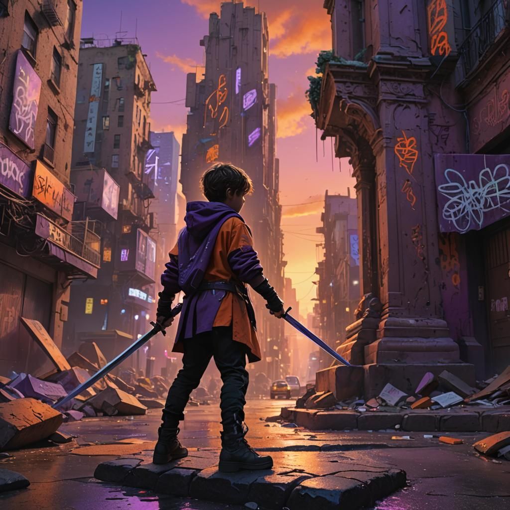 Boy Pulls Sword from Stone in Urban Landscape