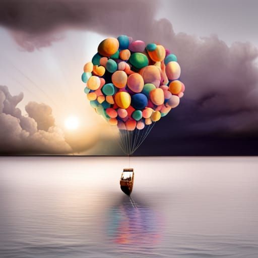 Colorful Balloons Travel Across Sea: Surrealist Oil Painting
