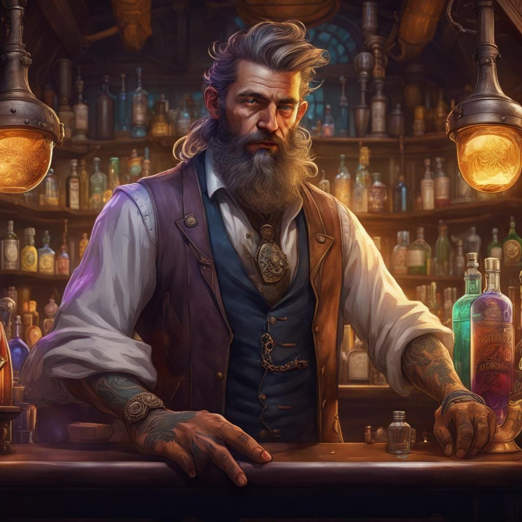 Young Alchemist Bartender in Modern Fantasy Style