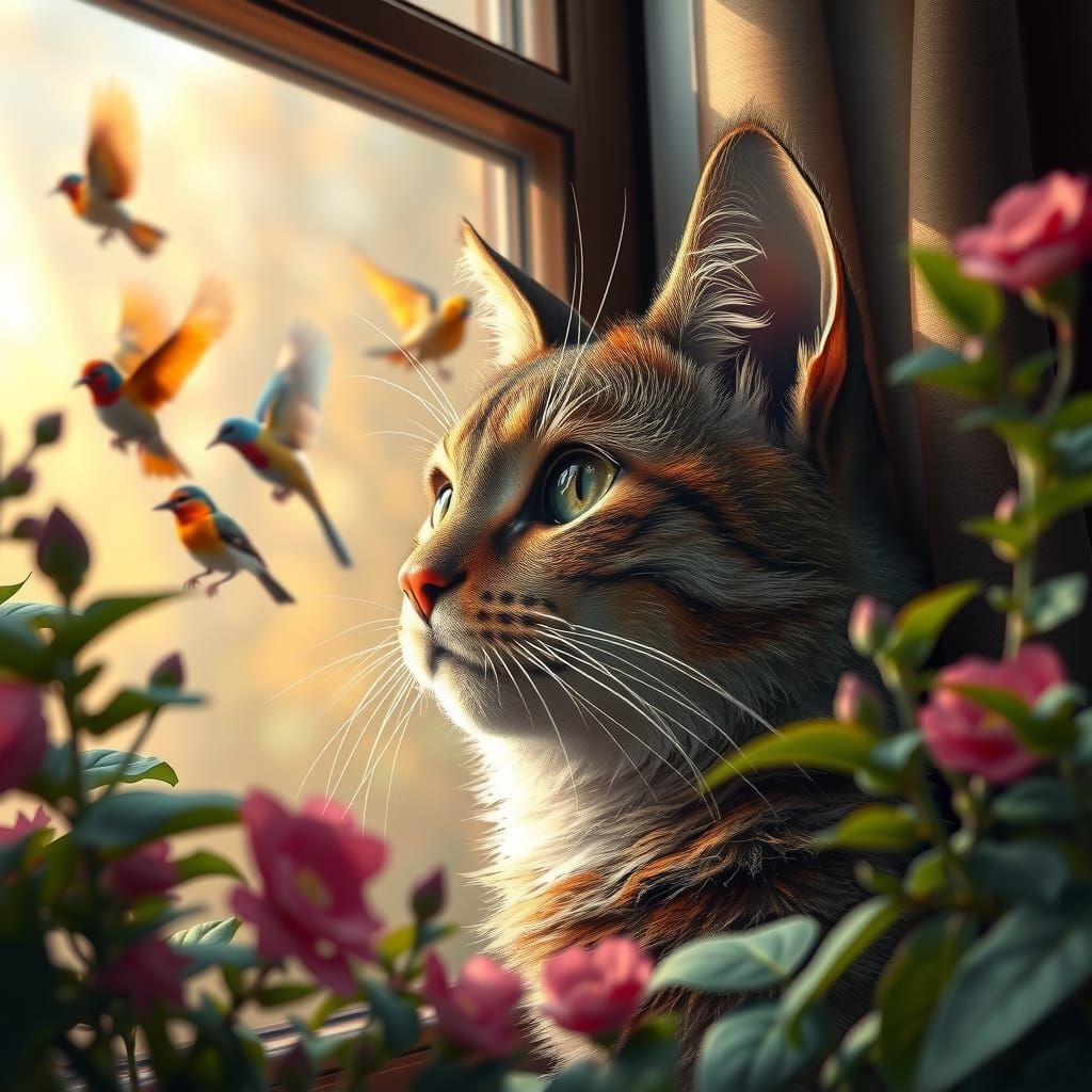 Cat Watching Birds: Fine Art Digital Illustration