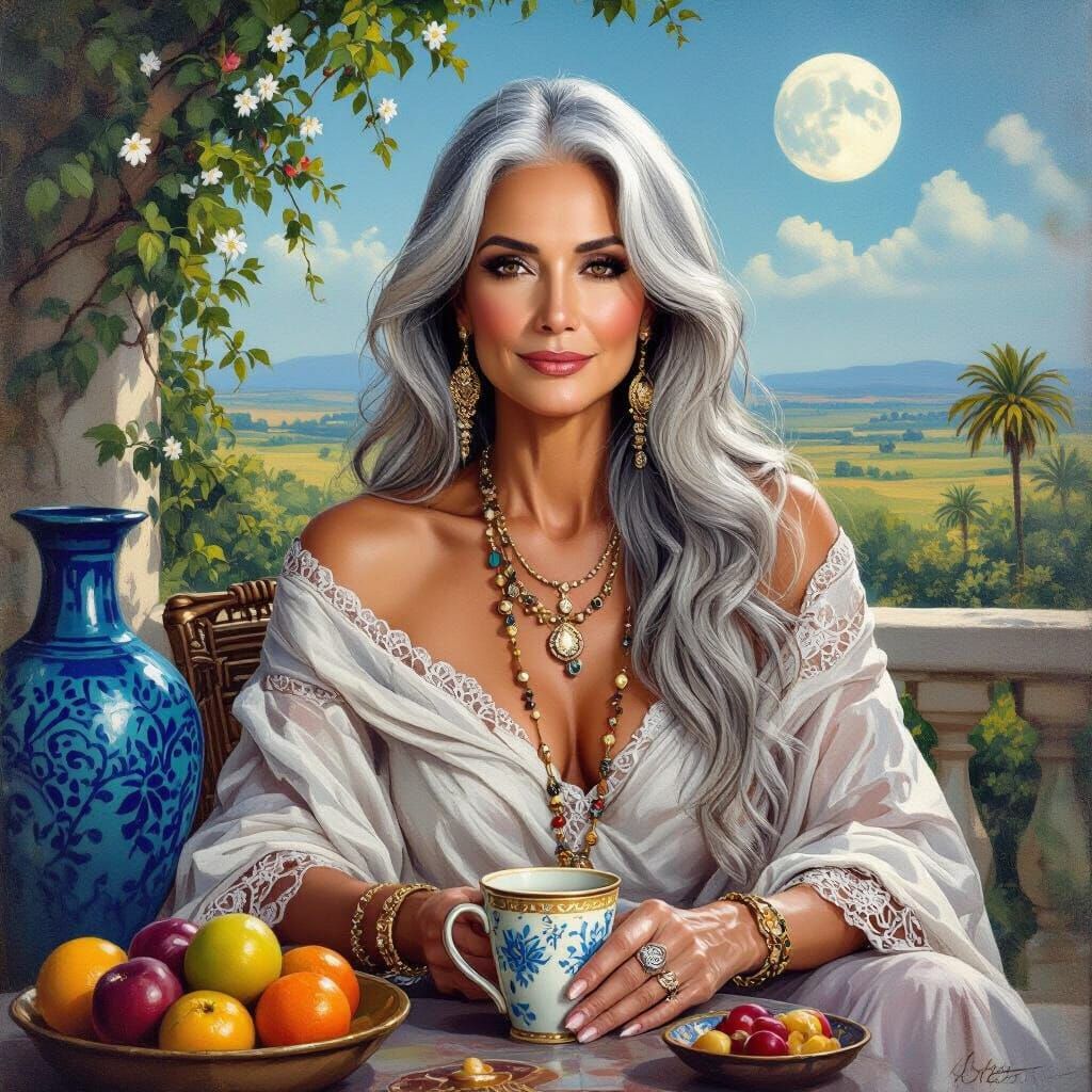 Regal Woman with Exotic Features: Oil Painting