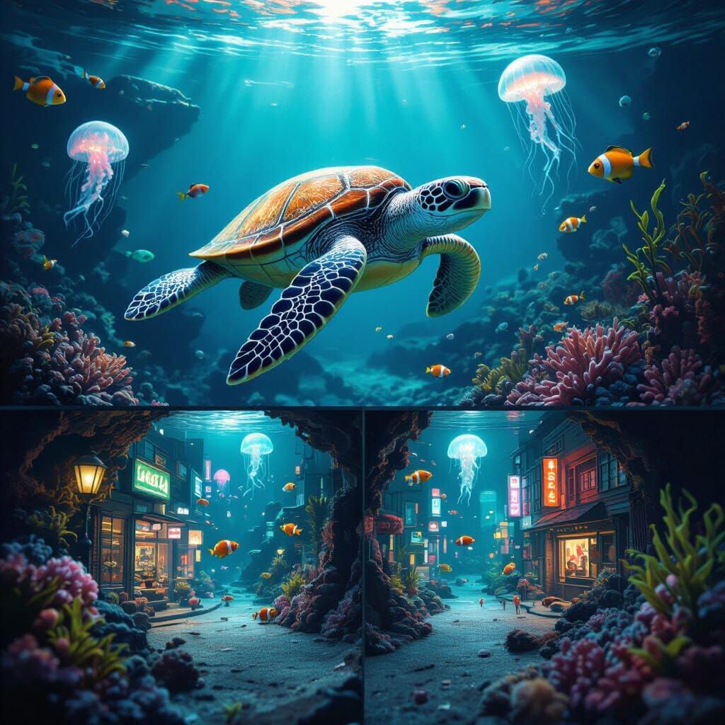 Sea Turtle Glides Through Underwater Dioramas