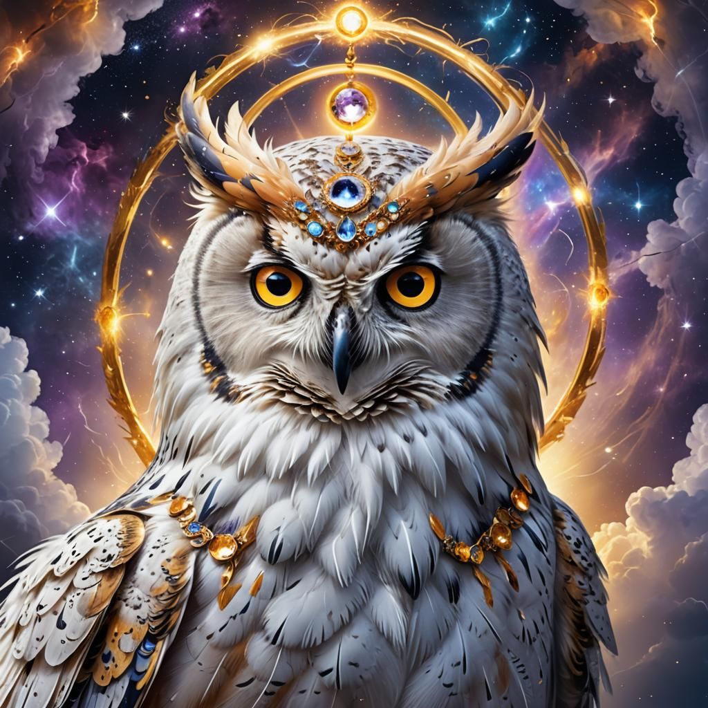 ,Owl with a human female face beautiful white plumage angelic fluffy feathers, surrounded by a golden, jewel-encrusted h...