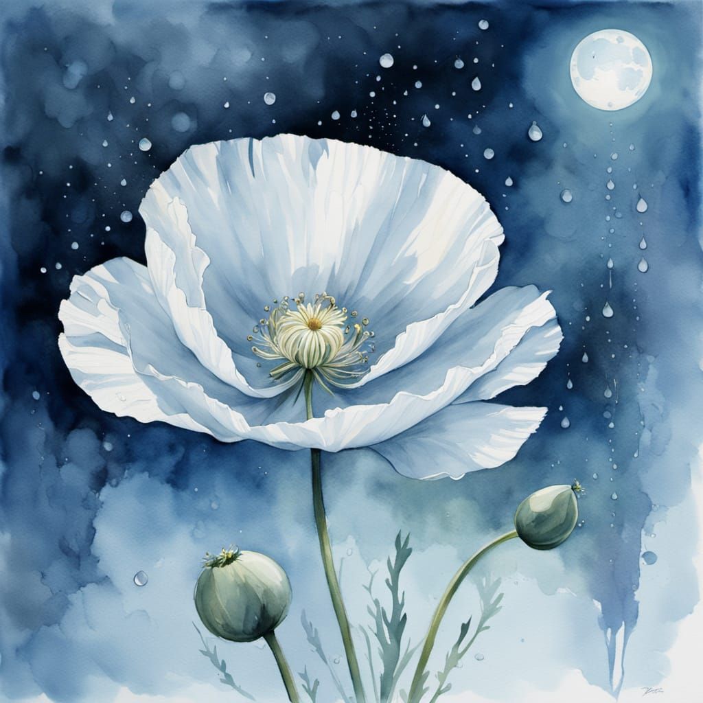 White Poppy in Moonlight Watercolor Painting