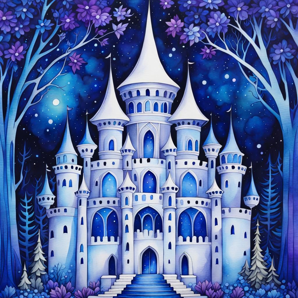 Blue Castle in Fairytale Forest Watercolor Illustration