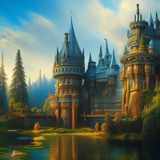 Fairytale Castle in Lake, Hyperdetailed Gothic Architecture