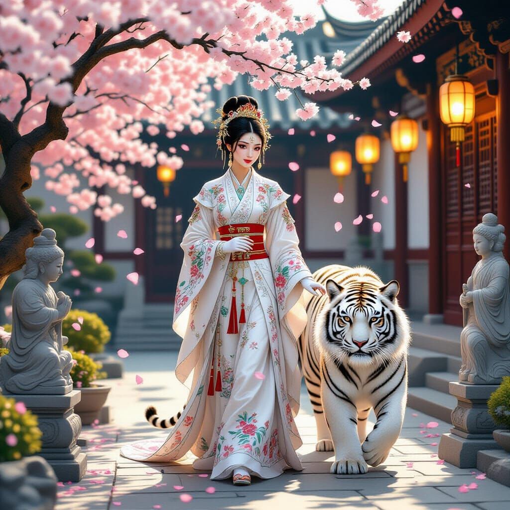 Princess and White Tiger in Cherry Garden