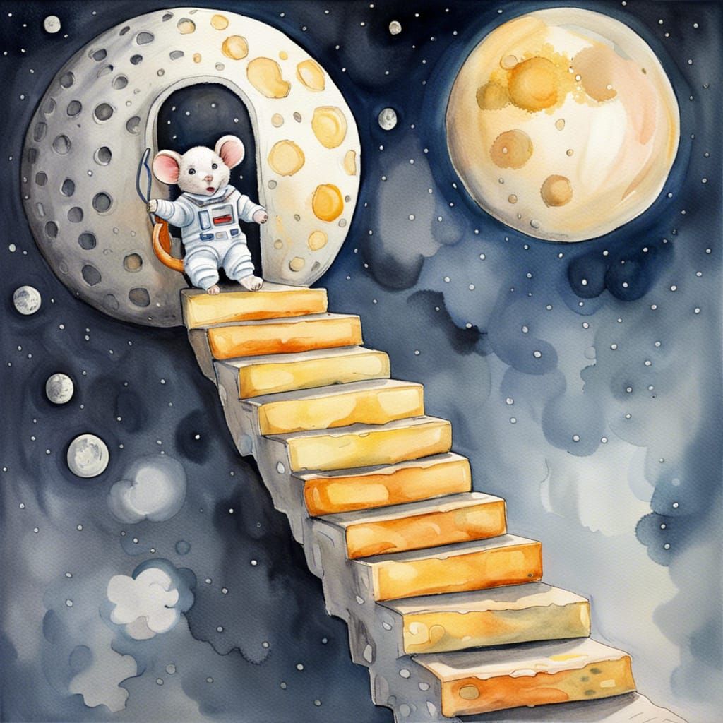 Mouse Astronaut Ascends Cheese Stairway to Moon
