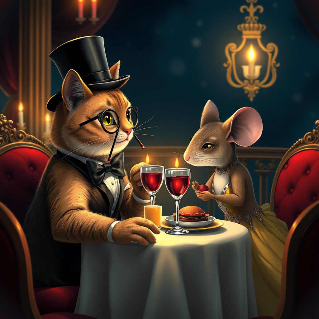 Elegant Cat and Mouse Romantic Dinner in Restaurant